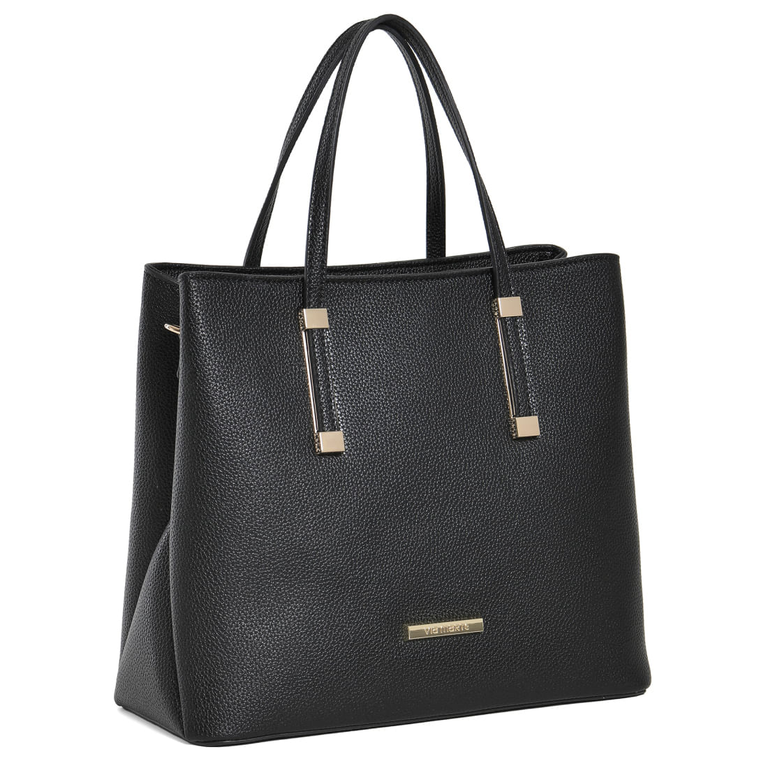 Bolsa tote feminina preta Via Marte vista lateral com acabamento sintético